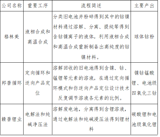 我國代表企業回收工藝情況